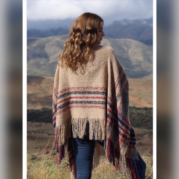 Beige Brown Soft Fringe Poncho by Angie - Picture 3 of 3
